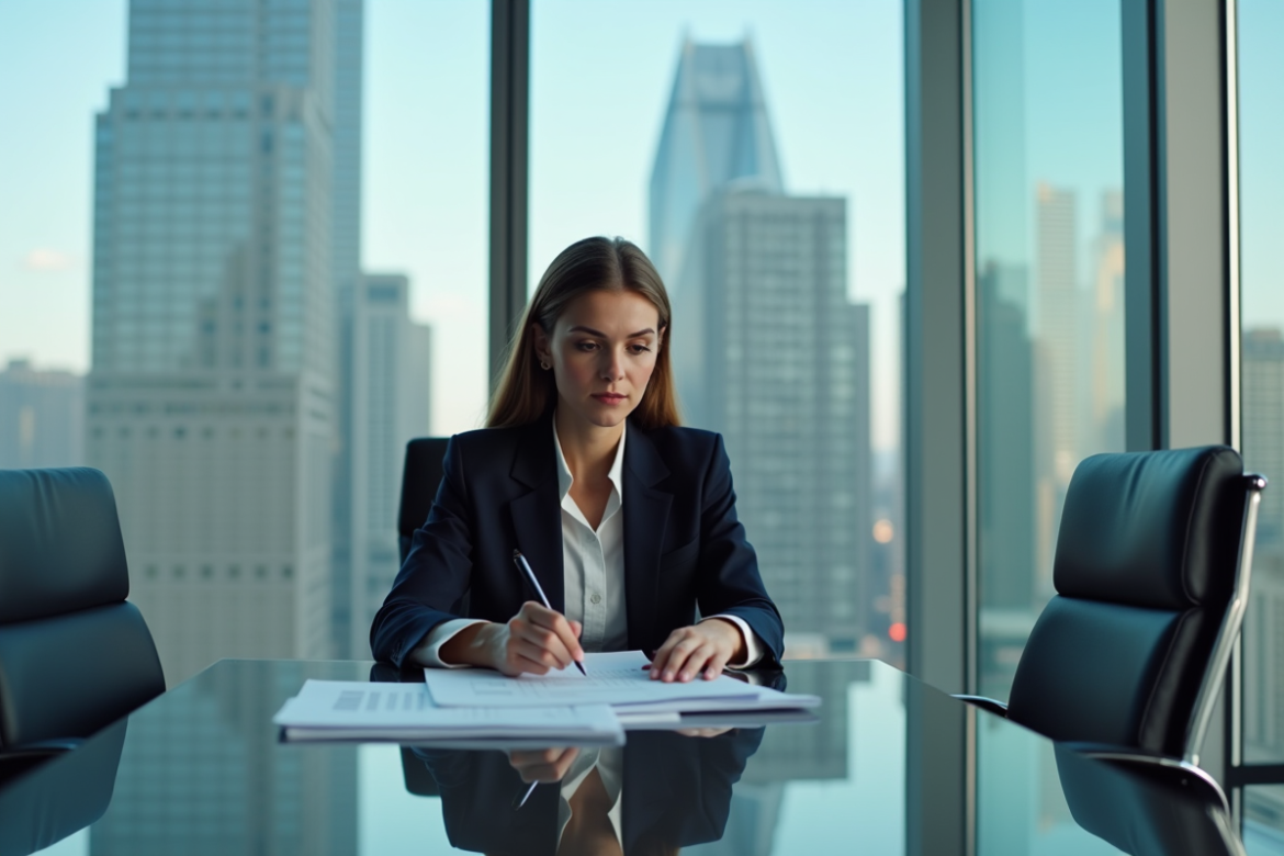 Femme d'affaires confiante en costume dans un bureau moderne
