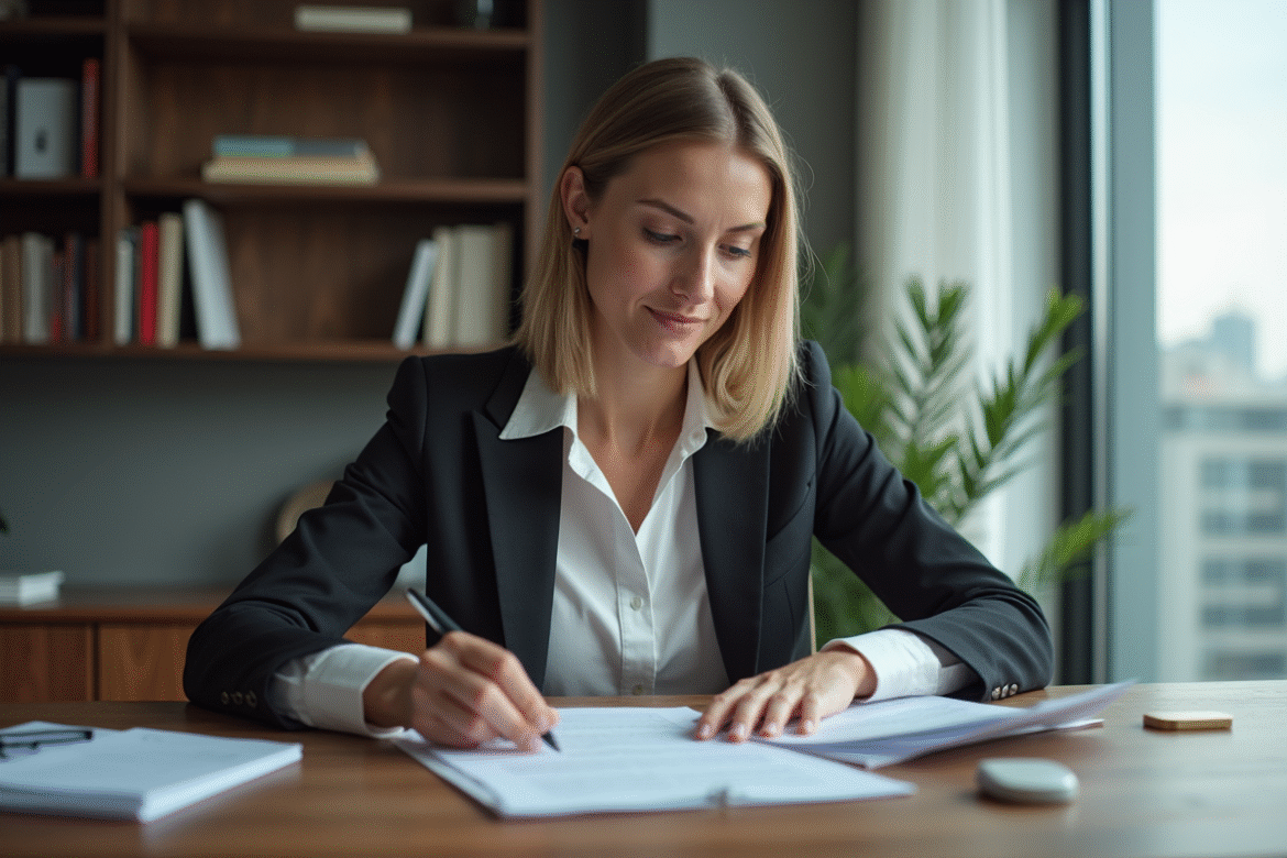 Femme d'affaires lisant des documents dans un bureau moderne