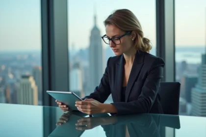 Femme d affaires en réunion avec tablette et ville