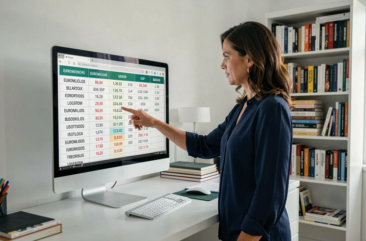 Femme analysant le tableau des numéros gagnants de l'Euromillions sur un écran d'ordinateur dans un bureau moderne