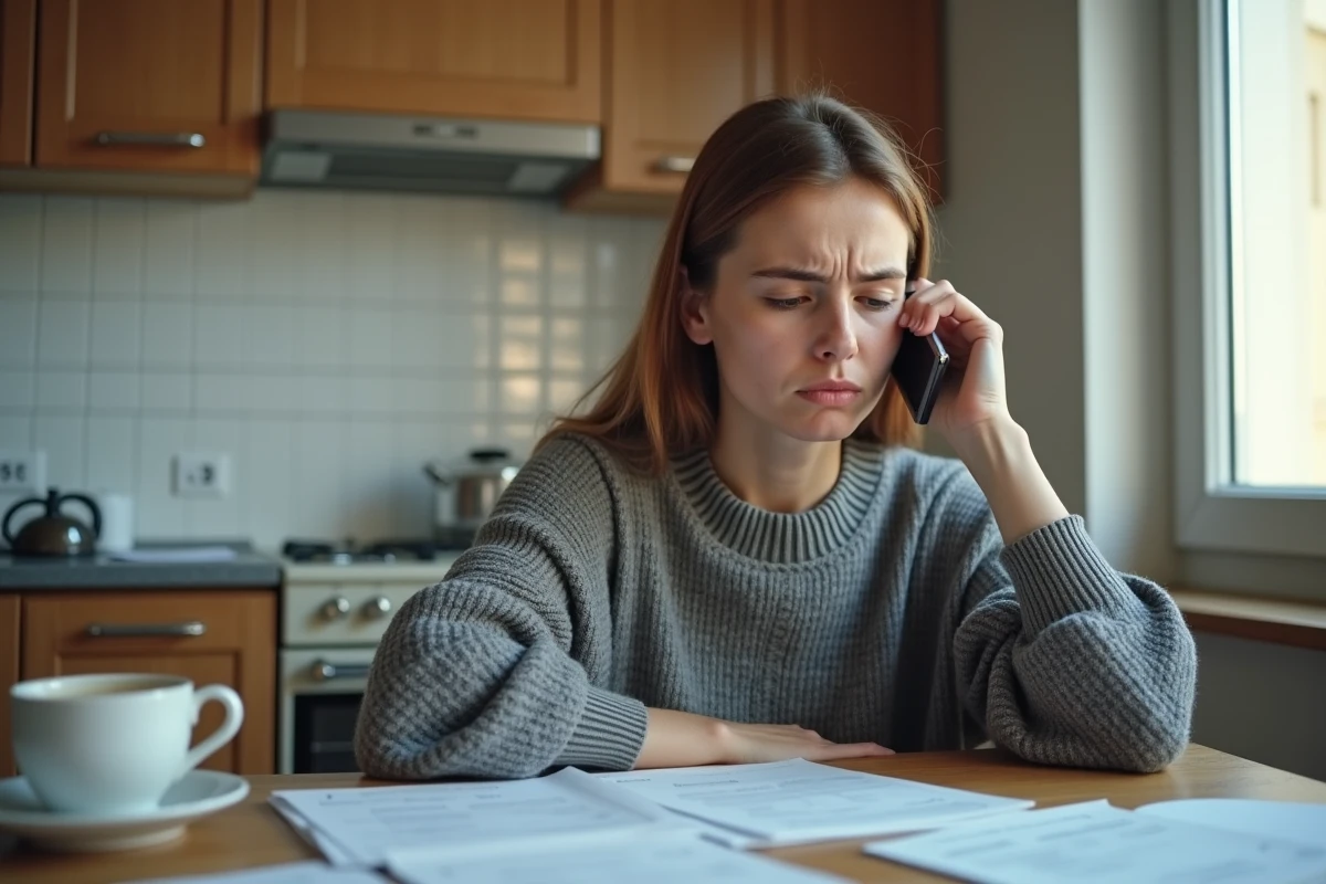 Femme stressée au téléphone face à des documents de recouvrement Cetelem sur une table de cuisine