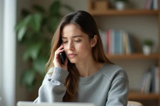 Femme appelant le service client PayPal depuis son smartphone à son bureau à domicile