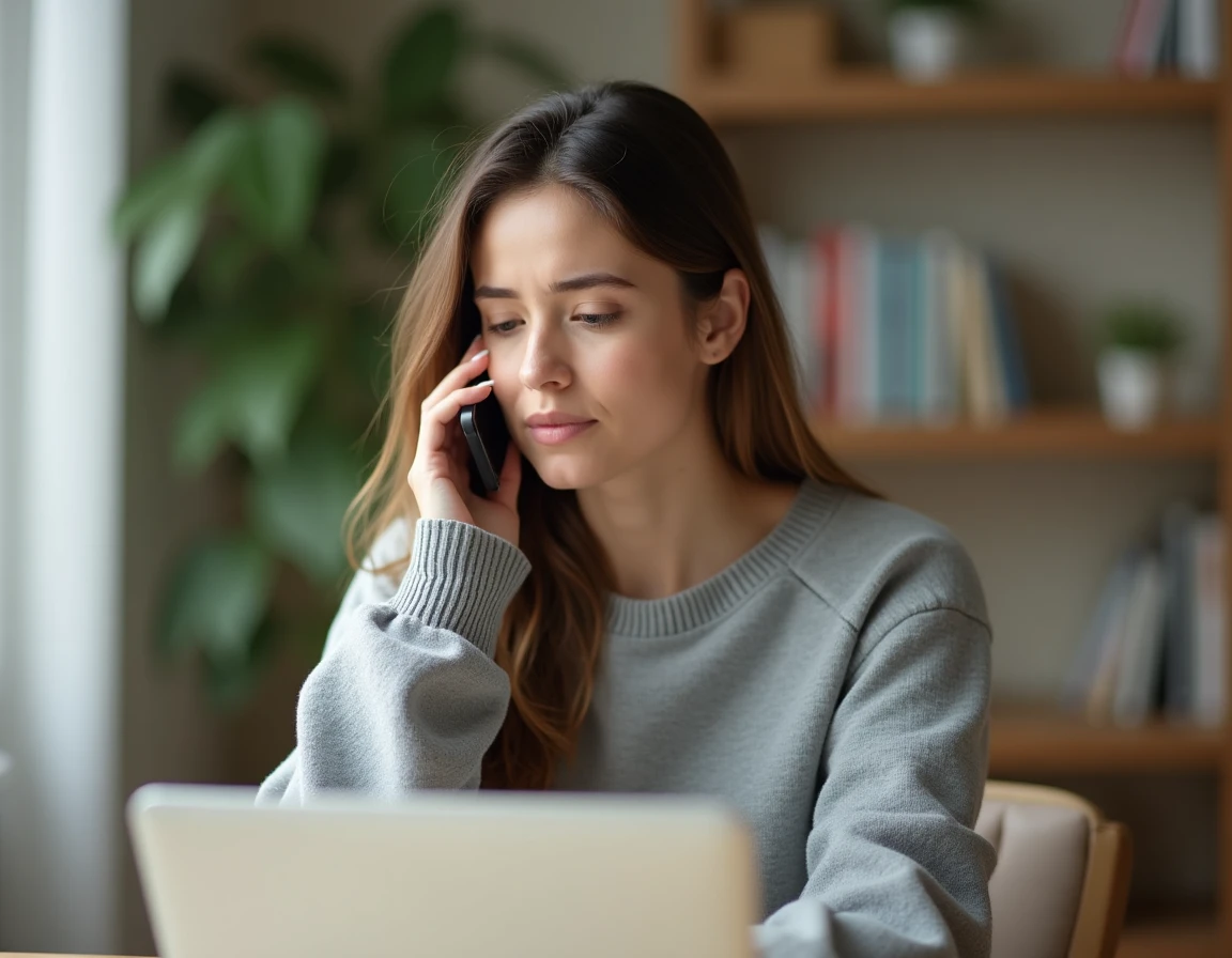 Femme appelant le service client PayPal depuis son smartphone à son bureau à domicile