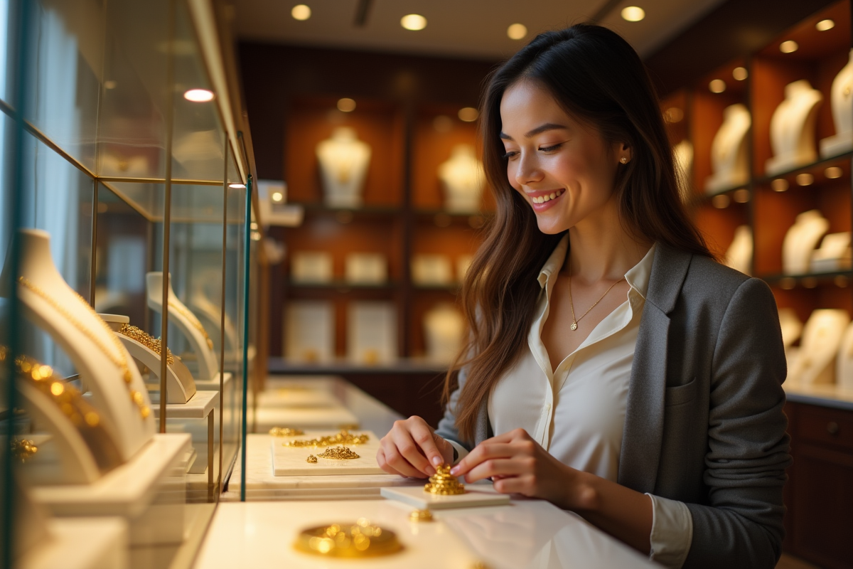 Jeune femme inspectant un collier en or dans une bijouterie