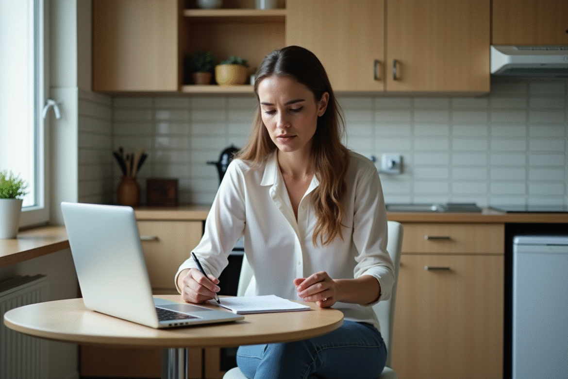 Femme calculant ses dépenses dans une cuisine moderne
