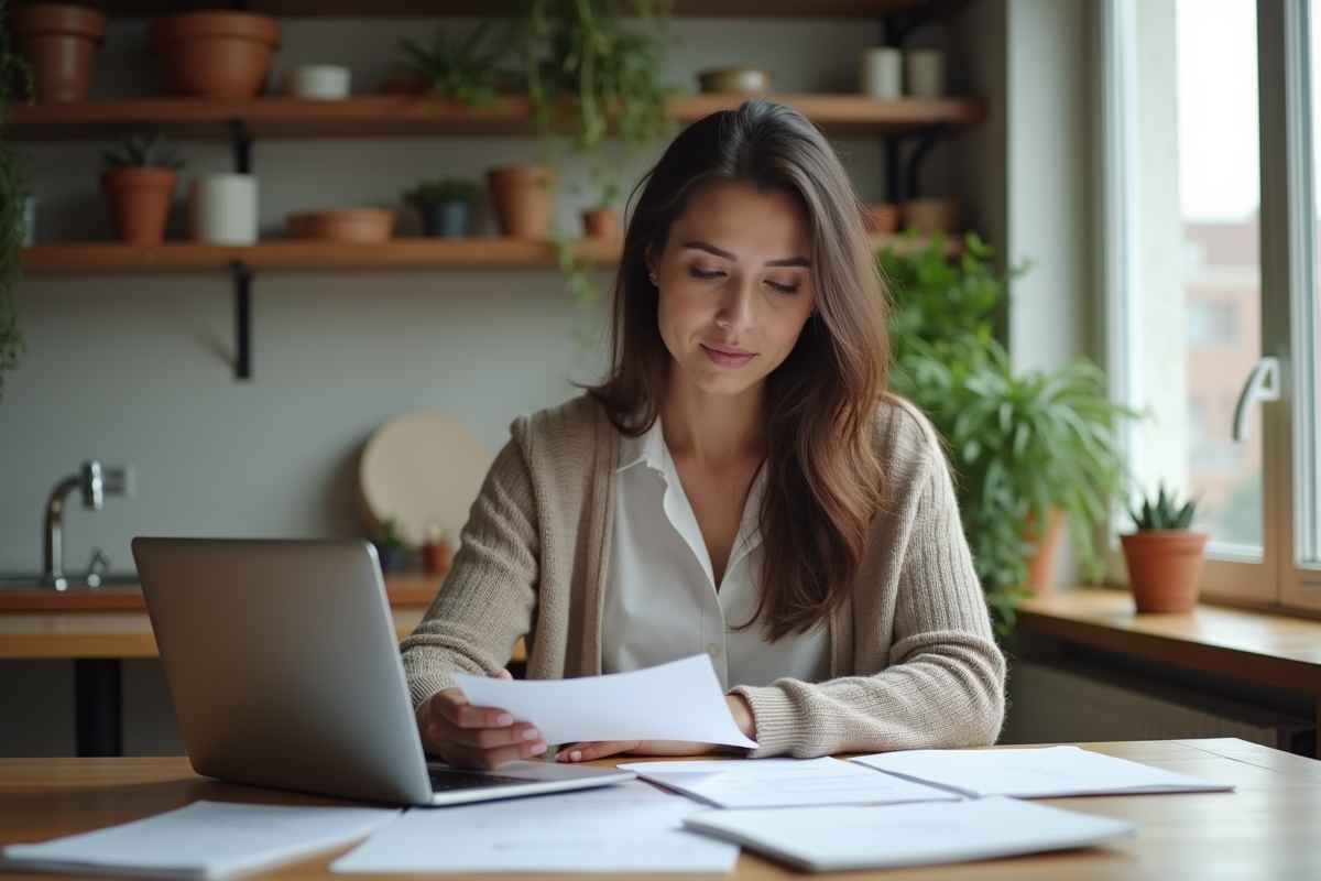 Femme au bureau dans un appartement cosy avec vue urbaine