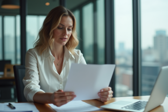 Femme en bureau moderne examine des documents avec concentration