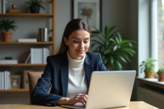 Jeune femme au bureau à domicile en blazer et turtleneck