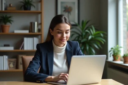 Jeune femme au bureau à domicile en blazer et turtleneck