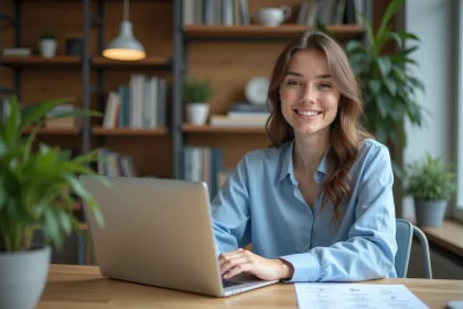 Jeune femme au bureau à domicile utilisant un ordinateur portable