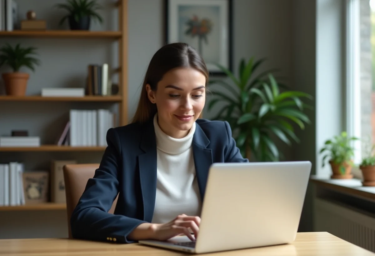 Jeune femme au bureau à domicile en blazer et turtleneck