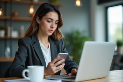 Jeune femme au bureau utilisant son ordinateur et smartphone