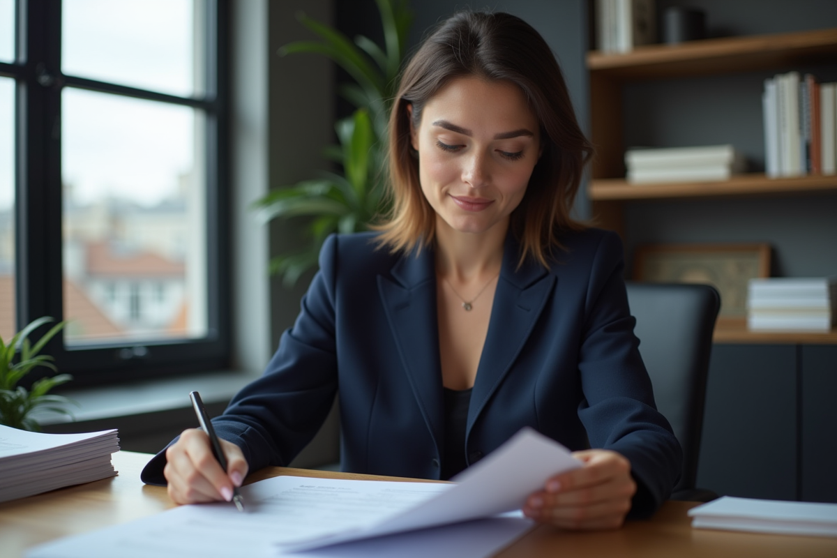 Femme en blazer bleu dans un bureau moderne lisant des papiers