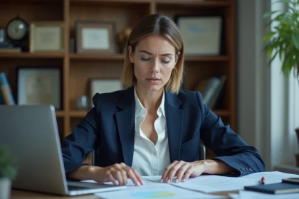 Femme cadre consultant des documents fiscaux relatifs à la prime Macron imposable sur son bureau professionnel