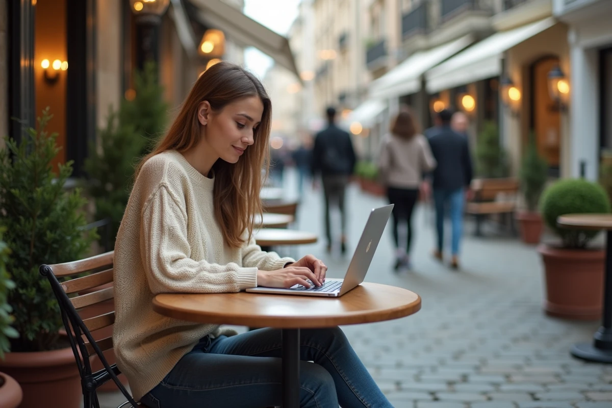 Femme au café recevant des notifications cashback sur son laptop