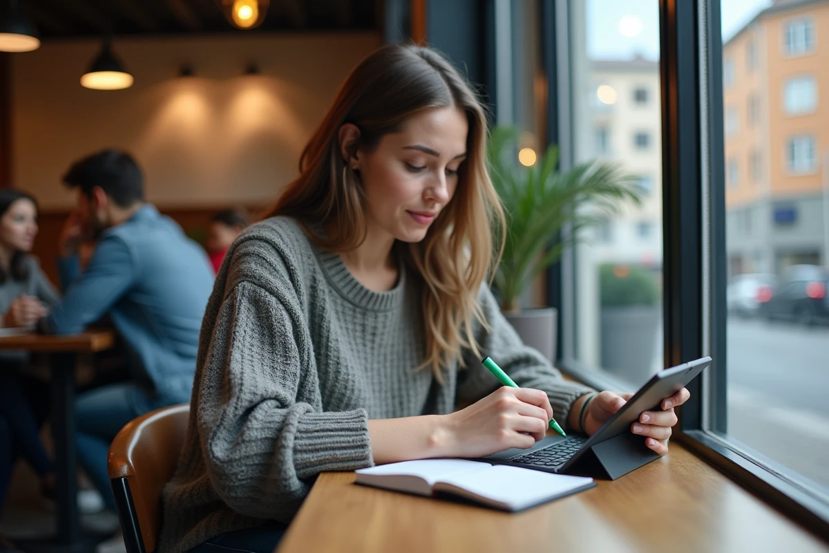 Jeune femme au café utilisant une tablette pour suivre l