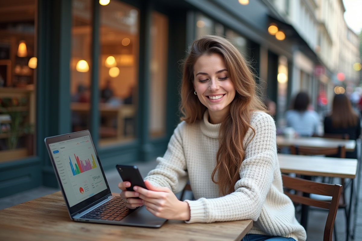 Femme souriante utilise son téléphone au café urbain