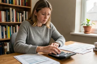 Femme consultant ses fiches de paie et calculant ses droits au chômage avec un salaire de 1350 euros net