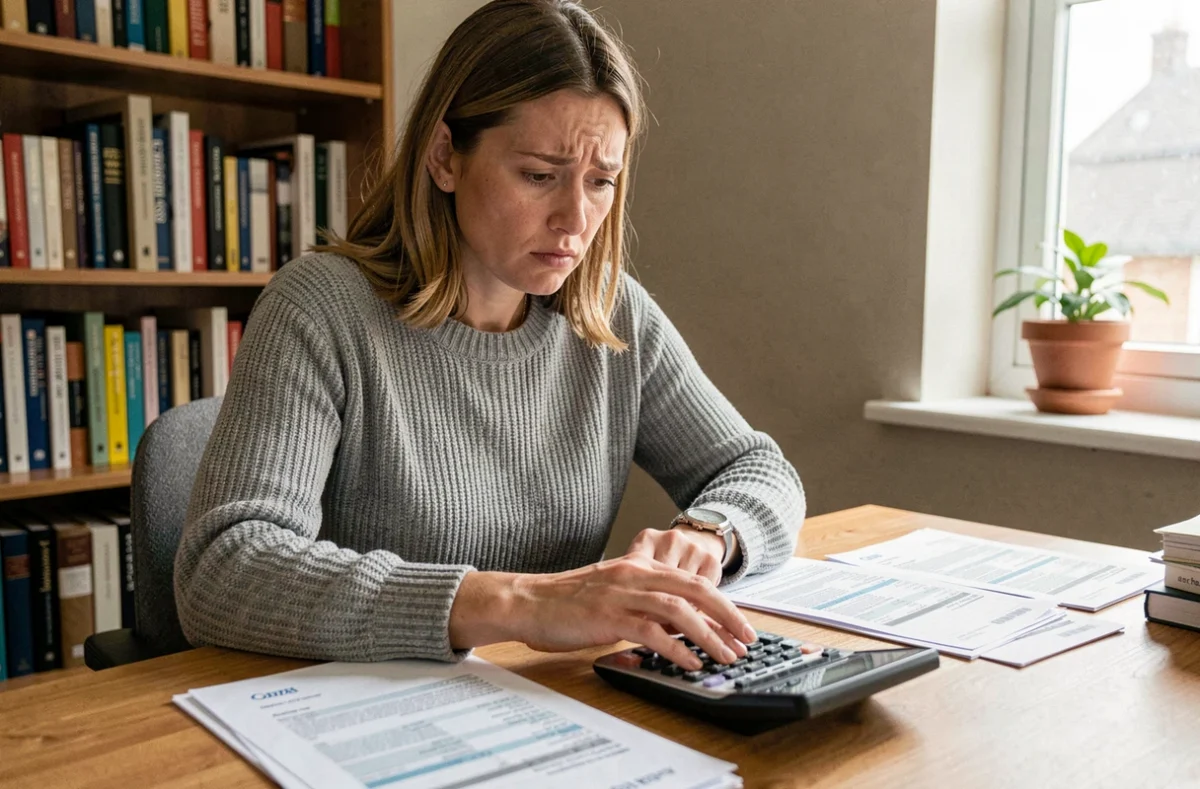 Femme consultant ses fiches de paie et calculant ses droits au chômage avec un salaire de 1350 euros net