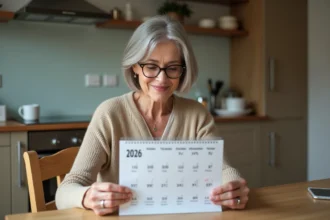 Femme d'âge moyen regardant un calendrier 2026 dans la cuisine