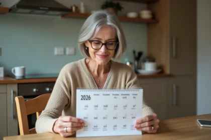 Femme d'âge moyen regardant un calendrier 2026 dans la cuisine