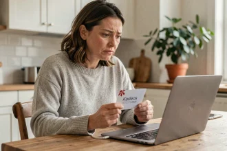 Femme tenant une carte cadeau Kadeos Infini devant un ordinateur portable, cherchant comment l'utiliser sur Amazon