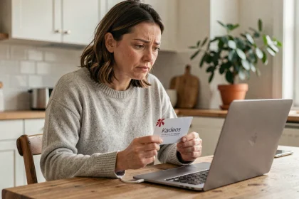 Femme tenant une carte cadeau Kadeos Infini devant un ordinateur portable, cherchant comment l'utiliser sur Amazon