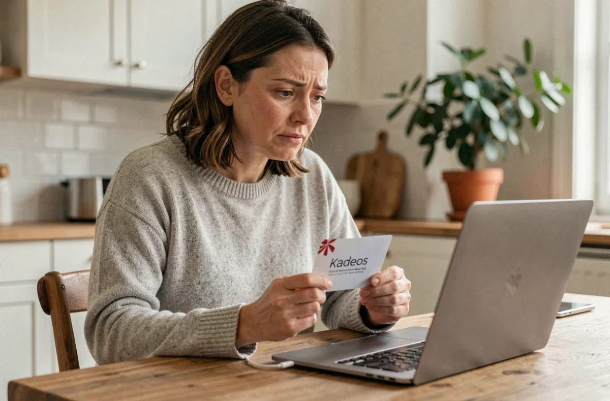 Femme tenant une carte cadeau Kadeos Infini devant un ordinateur portable, cherchant comment l'utiliser sur Amazon
