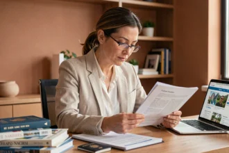 Femme comparant des contrats d'assurance voyage sur son bureau à domicile avec passeport et guides de voyage