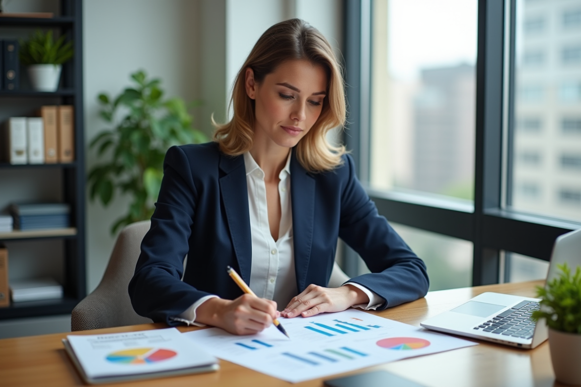 Femme confiante en bureau moderne avec graphiques financiers