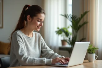 Femme consultant son compte bancaire en ligne sur un ordinateur portable dans un bureau à domicile moderne