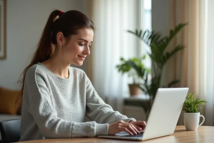 Femme consultant son compte bancaire en ligne sur un ordinateur portable dans un bureau à domicile moderne