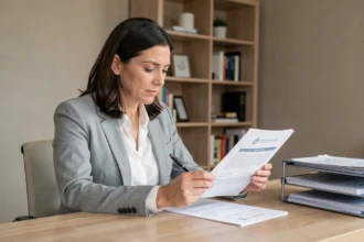 Femme consultant les mentions légales de son contrat d'assurance ACM IARD à son bureau