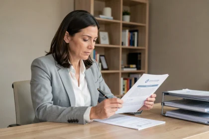 Femme consultant les mentions légales de son contrat d'assurance ACM IARD à son bureau