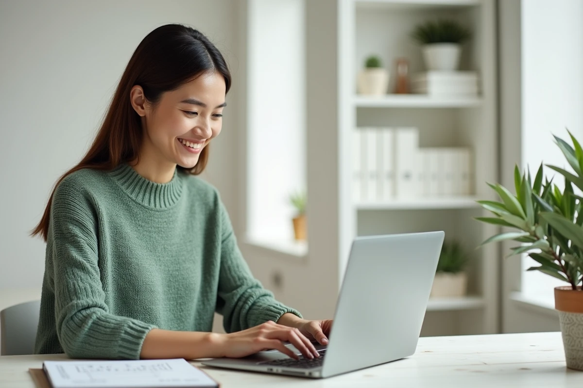 Femme contribuant à une cagnotte de mariage en ligne depuis son bureau à domicile