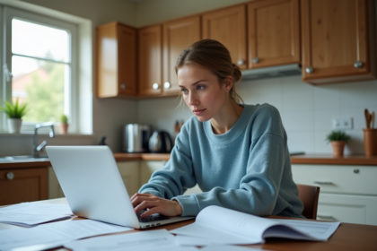Femme organisée comparant documents dans sa cuisine
