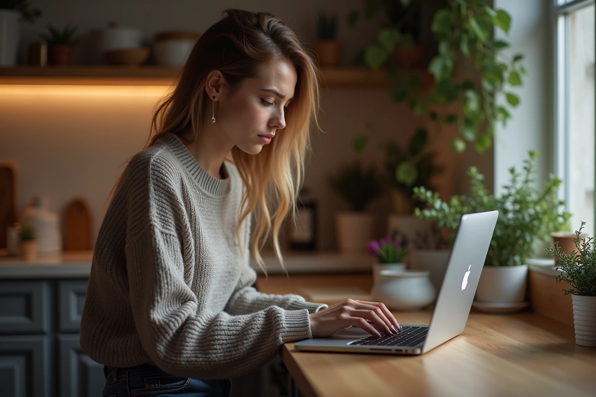 Jeune femme préoccupée travaillant sur son ordinateur portable
