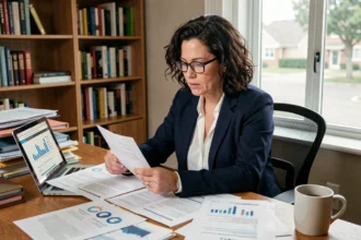 Femme consultant des documents d'assurance emprunteur à son bureau à domicile