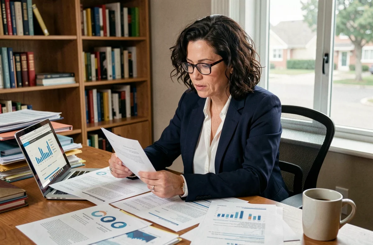 Femme consultant des documents d'assurance emprunteur à son bureau à domicile