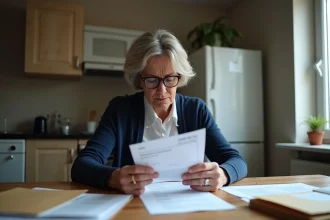 Femme d'âge mûr lisant des documents administratifs CAF à sa table de cuisine, illustrant les démarches pour le cumul ARE et RSA