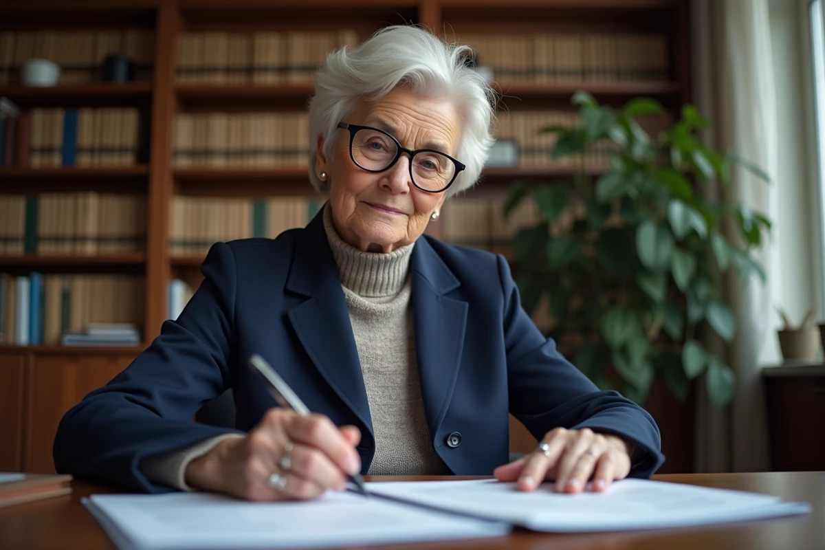 Femme mature consultant des documents bancaires et un livret d'épargne après un décès pour comprendre les droits des héritiers