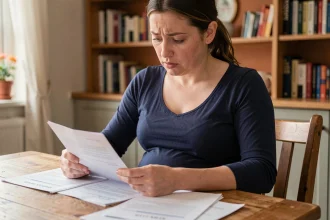 Femme enceinte en congé maternité examinant ses documents d'allocations chômage à domicile