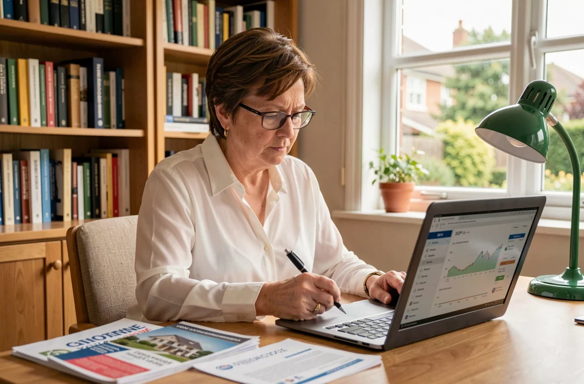 Femme étudie un contrat d'assurance vie en unités de compte SCPI à son bureau à domicile