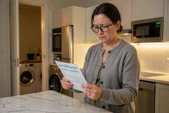 Femme examinant sa facture EDF la nuit dans une cuisine moderne avec des appareils électroménagers en arrière-plan