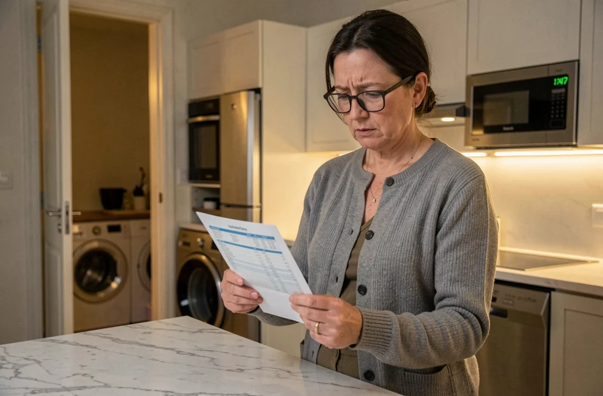 Femme examinant sa facture EDF la nuit dans une cuisine moderne avec des appareils électroménagers en arrière-plan