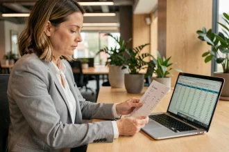 Femme en blazer gris consultant une fiche de paie dans un bureau moderne, illustrant le calcul du salaire horaire à partir de 2200 euros brut