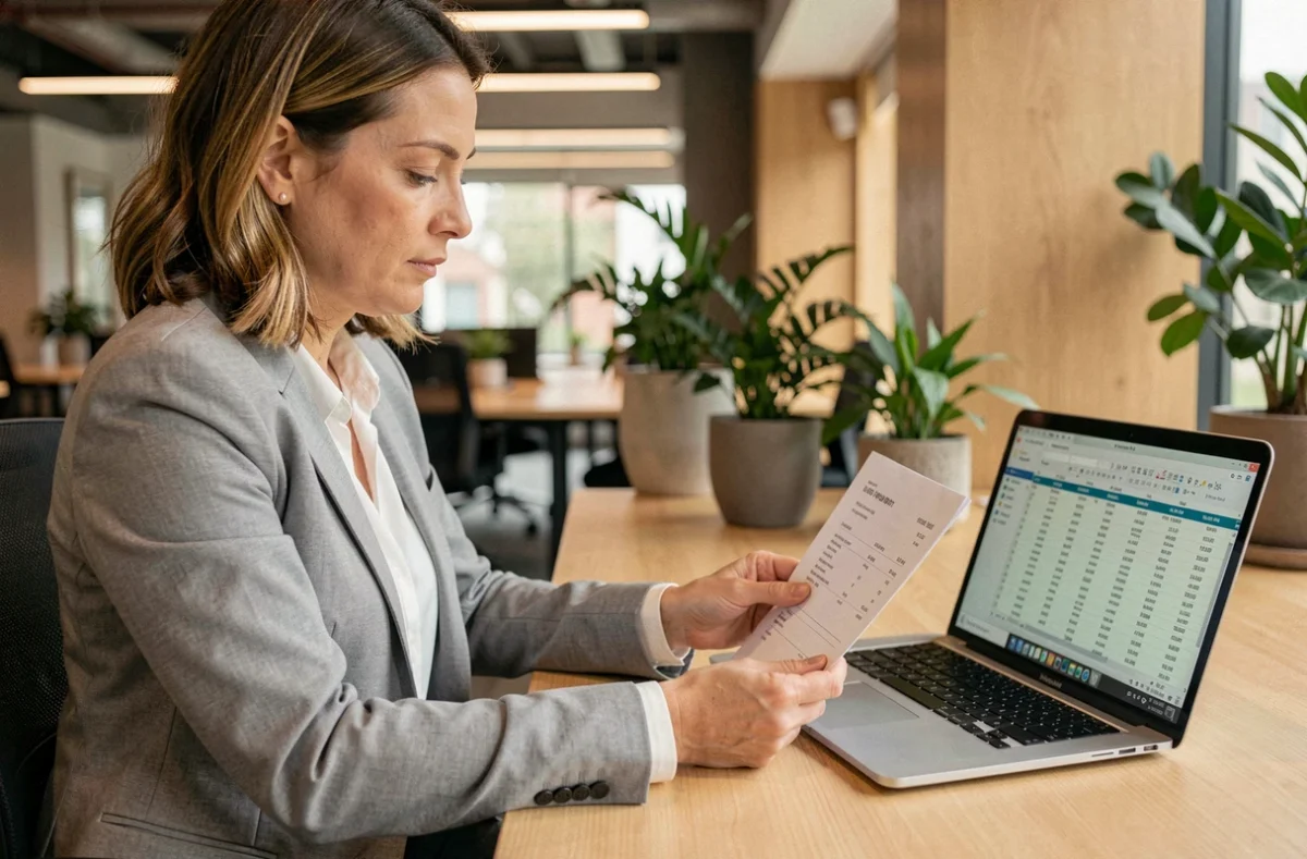 Femme en blazer gris consultant une fiche de paie dans un bureau moderne, illustrant le calcul du salaire horaire à partir de 2200 euros brut