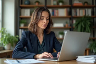 Femme professionnelle en bureau avec graphique financier