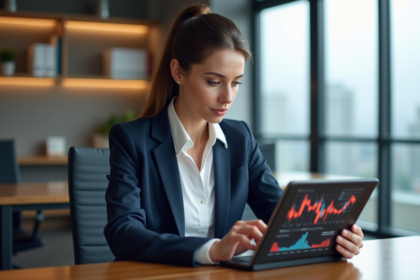 Femme d affaires regardant un graphique ETF sur tablette