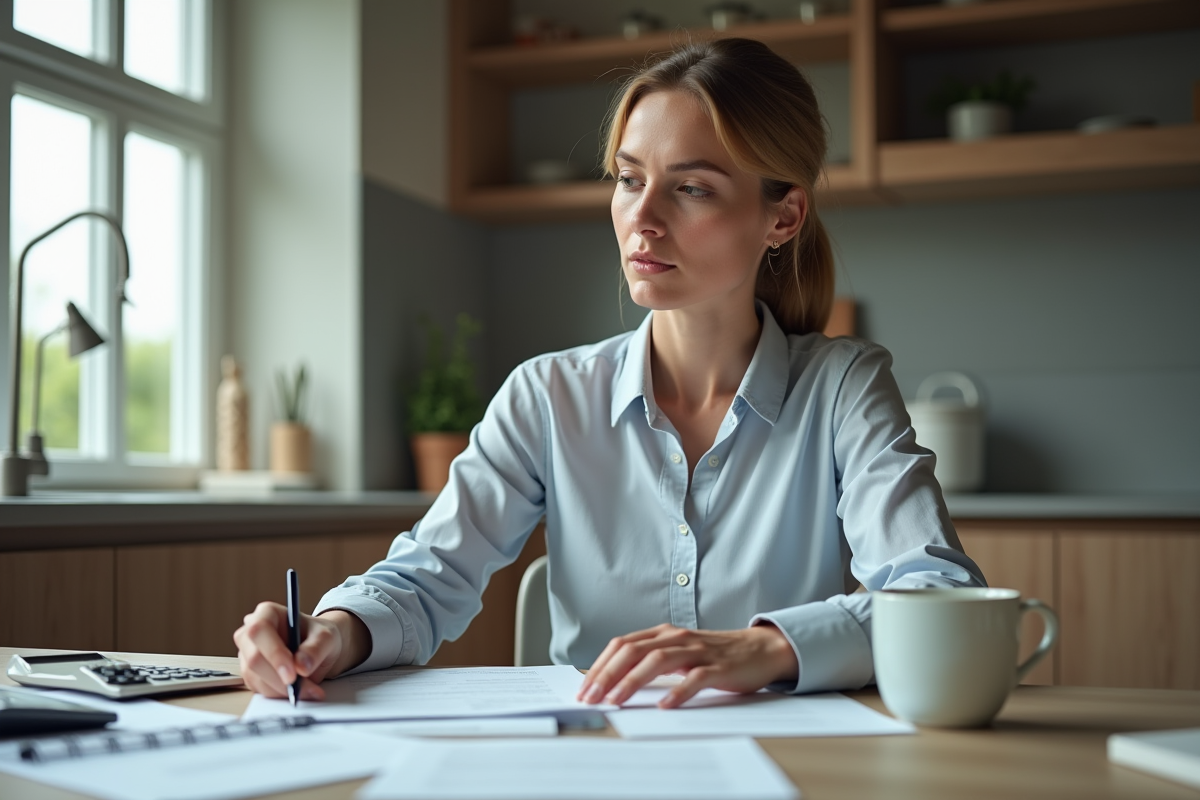 Femme d'affaires examinant des documents financiers à la maison